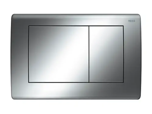 Brillante, chromfarbene WC-Betätigungsplatte von TECE mit zwei Drückern für die Zweimengentechnik zur Betätigung eines WC.